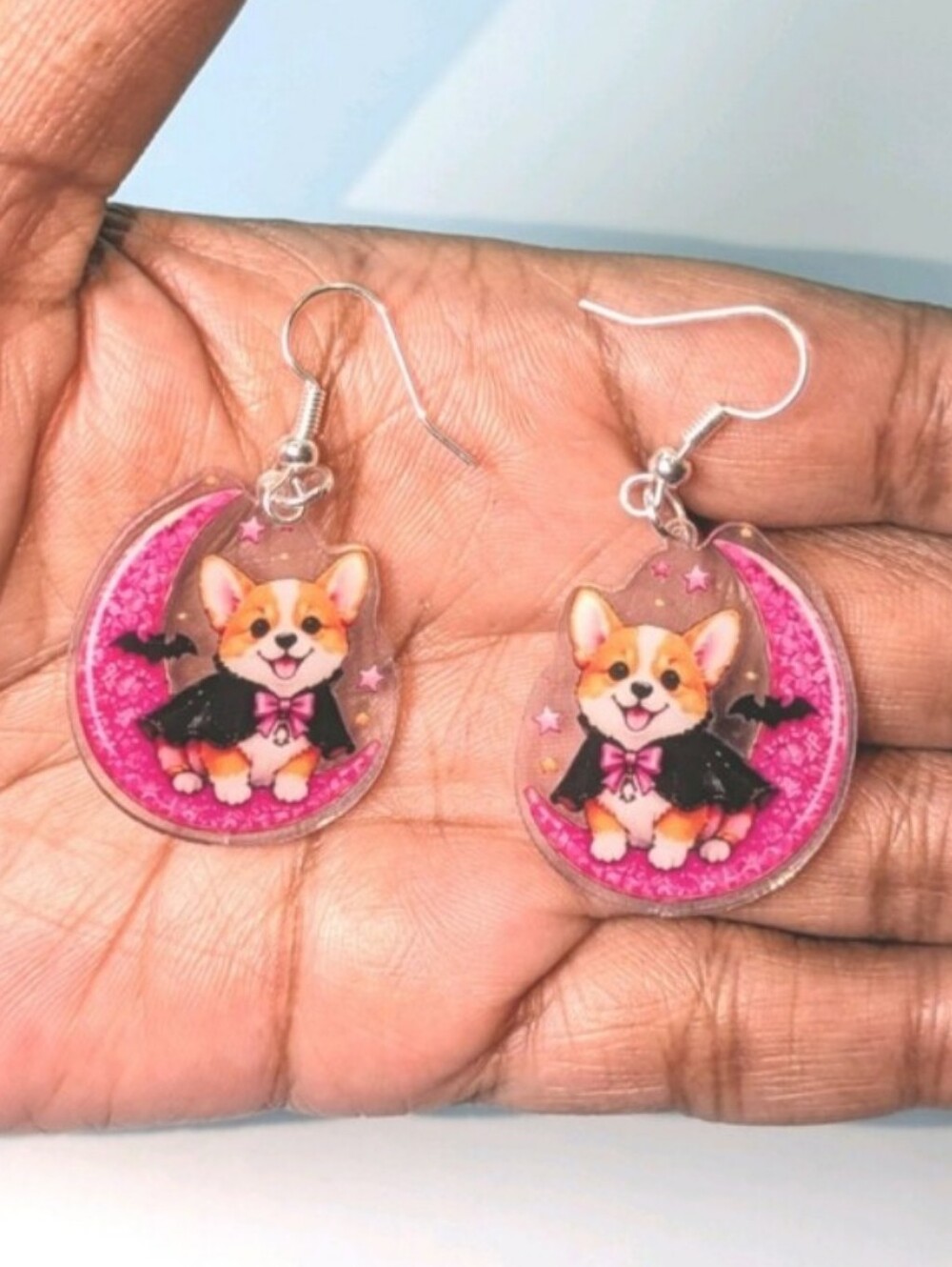 Pink Corgi Bat Costume Dog-Themed Dangle Earrings - Cute Pet Jewelry